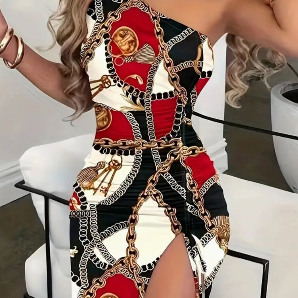 Print Drawstring One Shoulder Red & Black Dress